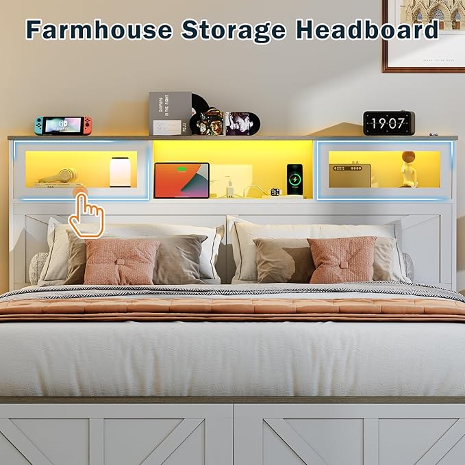 Yoobure Farmhouse Queen Bed Frame with Headboard - Bed Frame Queen Size with Charging Station & LED Lights, Wood Bedframe Queen-Size with 2 Storage Drawer, Platform Beds, No Box Spring Needed, White