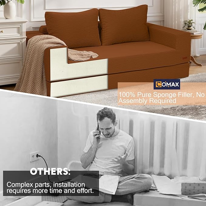COMAX Convertible Sofa Bed Queen, Corduroy Folding Floor Couch Pull Out Couch Bed Futon Sleeper with Pillows, Fold Out Boneless Sofa Comfy Lounge Mattress Loveseat for Living Room Bedroom, Orange