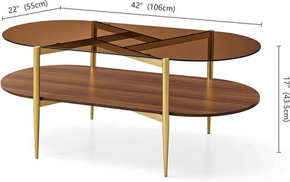 Pine Flicker Oval Glass Coffee Table, Mid-Century Modern Design, L42*W22*H17 inch, for Living Room, Amber Glass Top and Walnut Finish Wood Shelf, Conical Metal Legs with Gold Finish