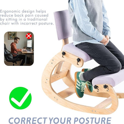 VDNEND Ergonomic Kneeling Chair with Back Support,Wooden Kneeling Chair Desk for Work, Rocking Office Kneel Chairs for Relieve Back Pain, Kneeling Posture Chairs for Gaming,Home (Light Purple)