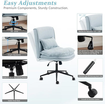 VINGLI Cloud Criss Cross Legged Chair,18" High Back Armless Home Office Desk Chair with Wheels,Wide Adjustable Comfy Padded Seat Task Computer Chair,Modern Swivel Makeup Vanity Chair,Fabric,Blue