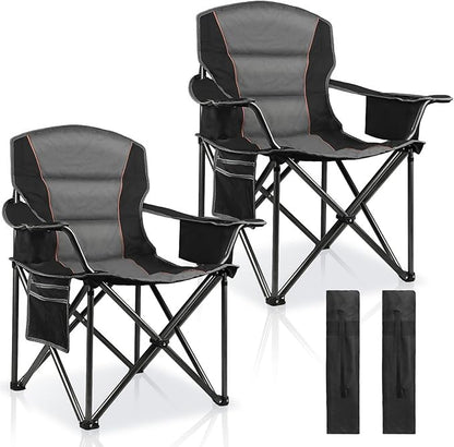 LANMOUNTAIN 2 Pack Padded Oversized Camping Chairs for Adults,Heavy Duty Support 400 Lbs,Folding Portable Lawn Chair w/Cup Holder,Cooler Bag,Side Pocket,Perfect for Outdoor Picnic,Hiking(Black)