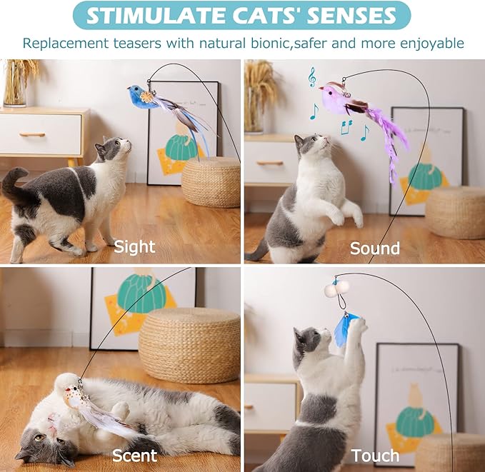 Cat Toys Wand, Interactive Cat Toy with Super Suction Cup Sticky Detachable 12 PCS Feather Replacements 2 Wands Cat Spring Feather Toys for Indoor Cats Kitten Toys (4 Birds Replacements)