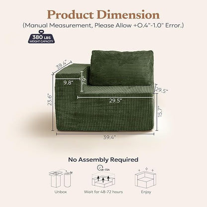 40" Modular Sectional Sofa, Upholstered Floor Sofa Couch with Pillow, Bean Bag Chair for Bedroom Living Room, No Assembly Required (Green, Plush Corduroy Fabric)