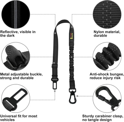 Plutus Pet Dog Seat Belt for Car, Adjustable Dog Car Harness with Carabiner Clip, Reflective Safety Dog Seatbelt Leash with Elastic Bungee, Black