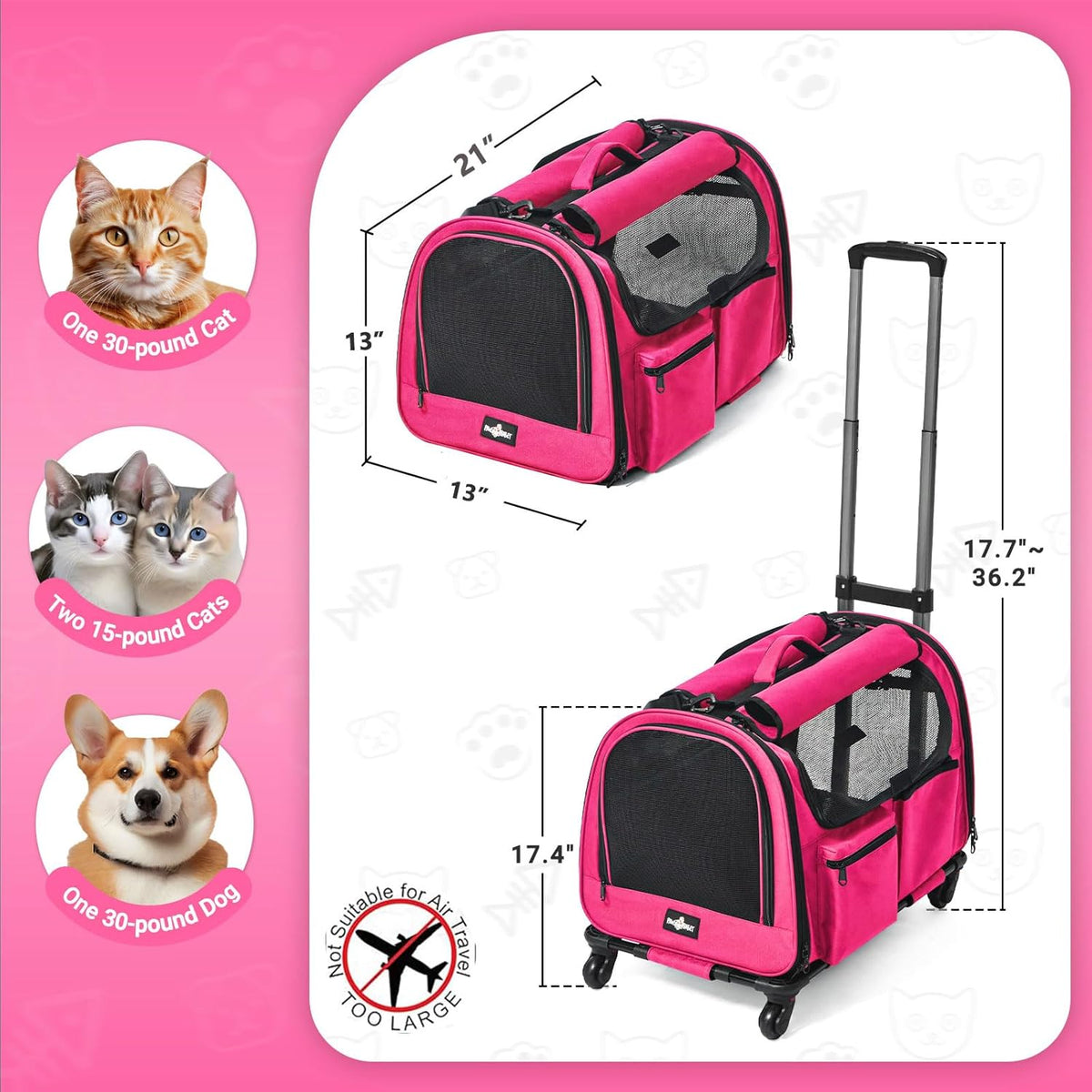 Large Pet Carrier with Wheels, Foldable Rolling Dog Carrier with Big Pocket, Cat Rolling Bag 21"x13"x13"for 2 Cats &Dogs, Use for Travel, Outdoor, Vet Visits, Camping, Indoor. Pink