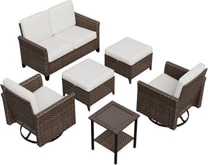 COOS BAY Harbor Retreat 6 Piece Outdoor Furniture Set, Patio Conversation Set with Swivel Rocking Chairs, 2 Seat Loveseat, Side Table and Ottomans, Wicker Furniture, Brown/Beige