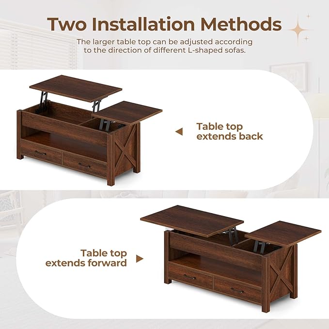 Seventable Coffee Table, 47.2" Lift Top Coffee Table with 2 Storage Drawers and Hidden Compartment, Farmhouse Center Table with Wooden Lift Tabletop, for Living Room,Espresso