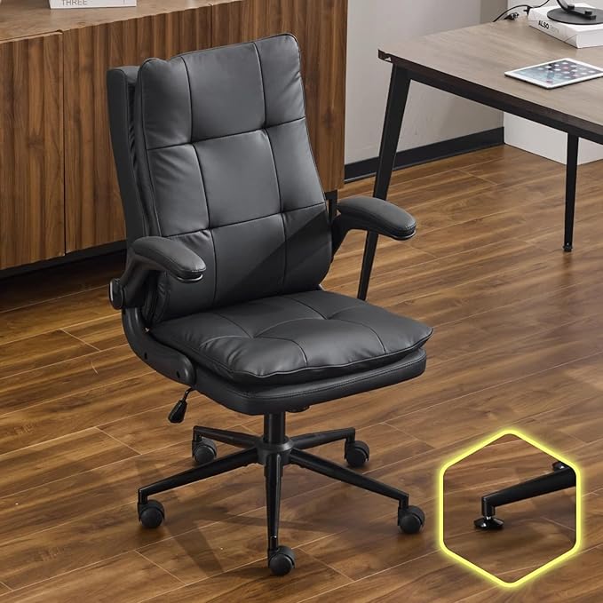 VINGLI Comfy Black Leather Office Desk Chair,Ergonomic High-Back Support Computer Gaming Chair with/No Wheels,Dual-Base,Adjustable Height,Flip-Up Arms,360° Swivel Rolling Task Chair for Home Office