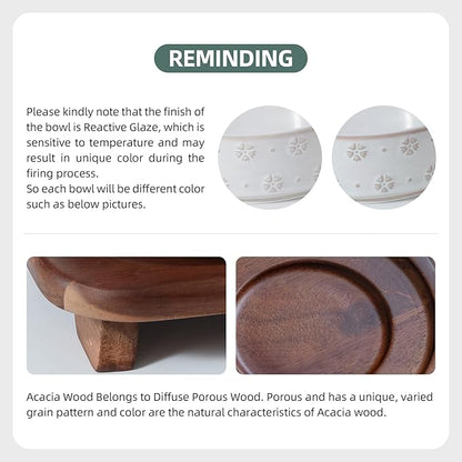 6.1inch Raised Double Cat Bowls Set with Acacia Wood Stand, Wide Whisker Friendly Ceramic Food & Water Bowls for Cats, Puppy, Kitty, Pet Bowl(Double Bowls+Stand, Arctic White)