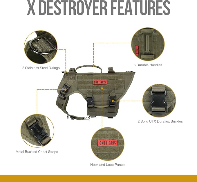 OneTigris Large Tactical Dog Harness, No Pulling Adjustable Dog Vest Harness, Heavy Duty X Destroyer Dog Harness with Handle, Large Hook and Loop Panels for Patch Green