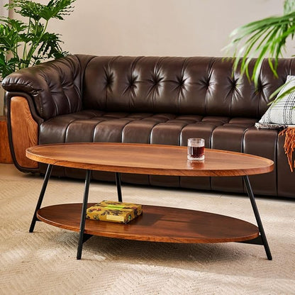 AGV Oval Coffee Table with Shelf Storage, 2-Tier Walnut Wood Finish Center Table for Living Room, Modern Asymmetrical Metal Legs, Raised Edge Sofa Table