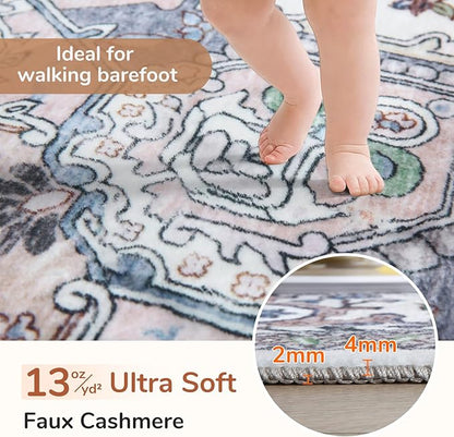OPPODREAM Thin 8x10 Area Rugs, Washable Rugs 8x10 with Non Slip Backing, Faux Cashmere Low-Pile 8 x 10 Carpet, Purple & Green & Cream