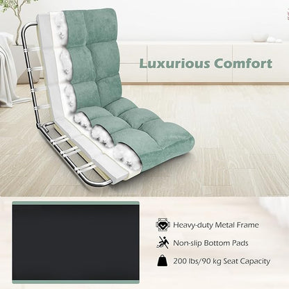 COSTWAY Floor Chair, Video Gaming Chairs with Back Support, Adjustable 14-Position, Alloy Steel Frame, Soft Coral Fleece, Lazy Sofa Lounge for Reading Living Room Recliner for Adults Kids (Green)