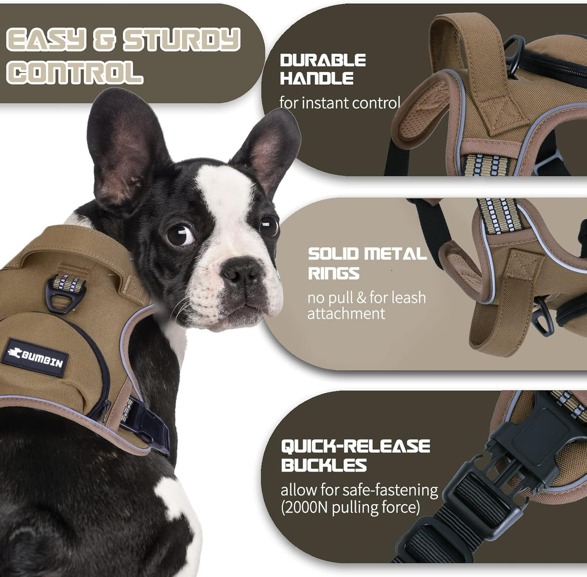 No Pull Dog Harness for Large Dogs, Adjustable No Choke Pet Vest with Dog Leash Fit Smart Reflective Pet Walking Harness for Training Easy Control Soft Handle Brown L
