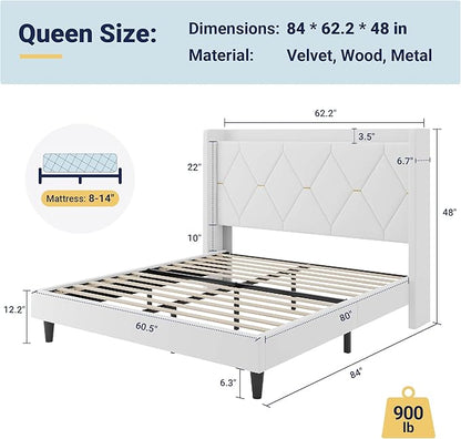 Allewie Velvet Queen Upholstered Bed Frame with Wingback Storage Headboard & Charging Station, Platform Bed with Diamond Tufted Design & Gold Trim, No Box Spring Needed, Easy Assembly, White