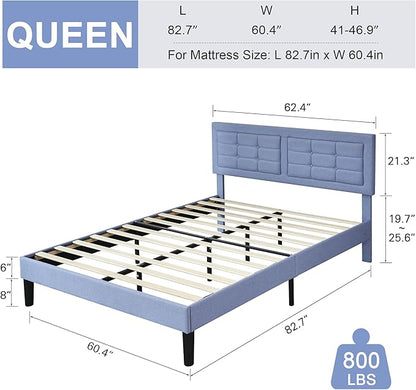 VECELO Queen Size Bed Frame with Adjustable Headboard, Upholstered Button Tufted Platform Bedframe with Wood Slats Support, No Box Spring Needed, Light Blue