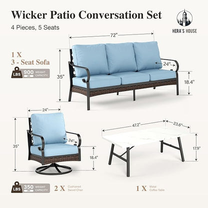 HERA'S HOUSE 4 Piece Metal Patio Furniture Set, All Weather Outdoor Conversation Set with 3 Seat Sofa, 2 Swivel Chairs & Coffee Table, Seats 5 for Backyard, Garden, Deck, Blue