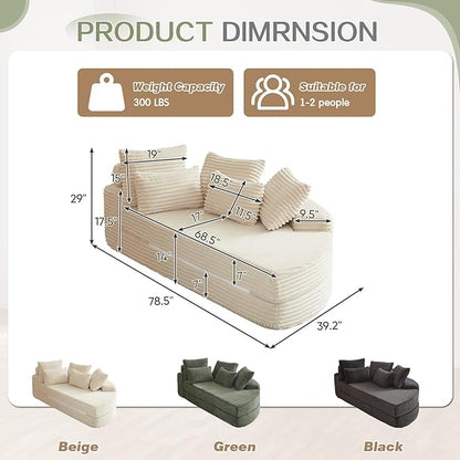 Antetek Chaise Lounge Chair Indoor, Convertible Folding Futon Sofa Bed w/ 5 Pillows, Fluffy Corduroy Boneless Compressed Memory Foam Couch for Living Room, Bedroom (Beige, Right Half)