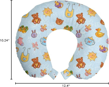 Ambesonne Cartoon Travel Pillow Neck Rest, Sun Teddy Bear Ribbon Feeder Pacifier Chick Kitty Cat Design, Memory Foam Traveling Accessory for Airplane and Car, 12", Pale Blue Cinnamon