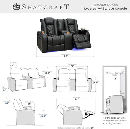 Seatcraft Anthem Home Theater Seating - Italian Leather - Power Recline Loveseat - Center Storage Console - Powered Headrests - Arm Storage - USB Charging - Cup Holders, Black