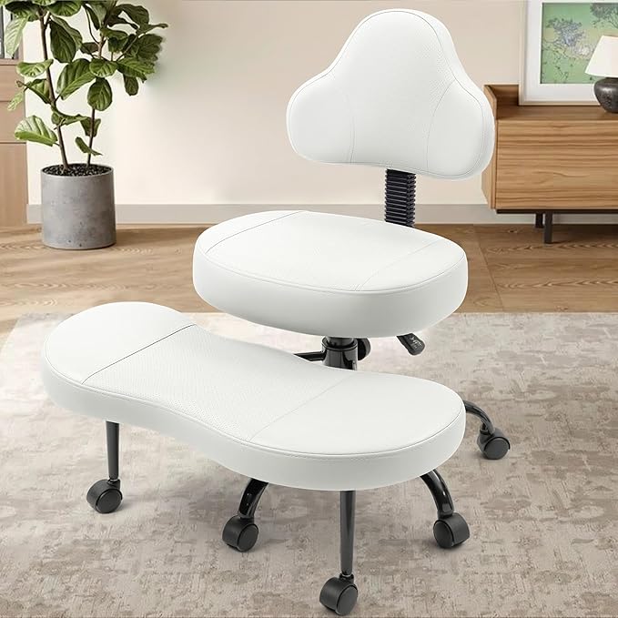 Cross Legged Office Chair, Criss Cross Desk Chair ADHD Meditation Kneeling Yoga Seat with Adjustable Height, Lumbar Support, Wider Footrest and Wheels (White)