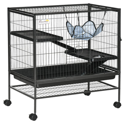 Small Animal Cage with Wheels, Pet Playpen for Rat, Syrian Hamster, Kitten, Ferrets, Chinchillas with Bottom Storage Shelf, Removable Tray, Ramp, 31.5" x 20.5" x 33.1"