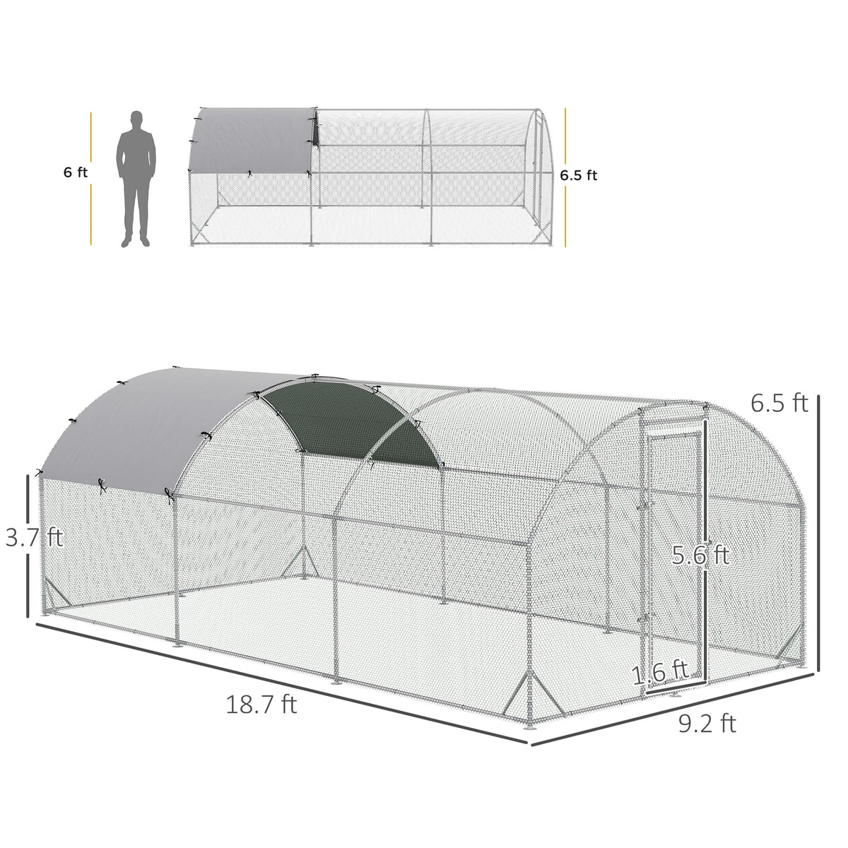 Large Chicken Coop Metal Chicken Run with Waterproof and Anti-UV Cover, Dome Shaped Walk-in Fence Cage Hen House for Outdoor and Yard Farm Use, 1" Tube Diameter, 9.2 x 18.7 x 6.5