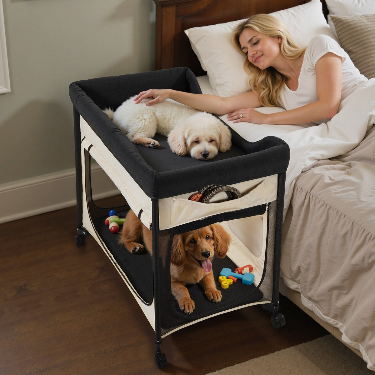 Elevated Lounge Pet Bed Foldable Bunk Dog Bed With Wheels & Side Bags L