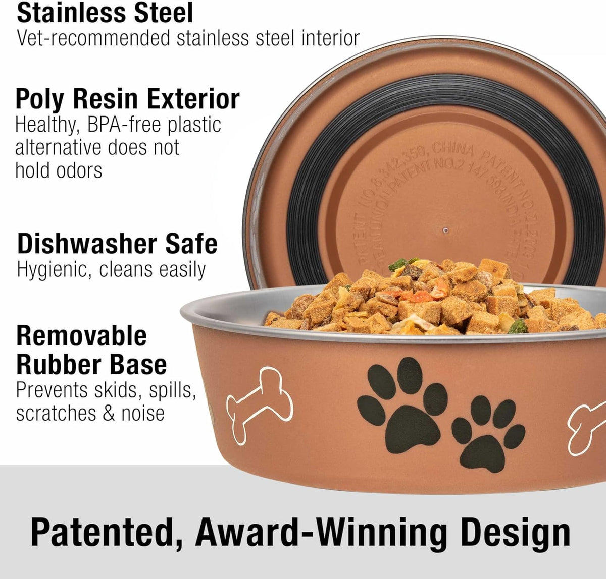 Loving Pets Bella Dog Bowls- Stainless Steel Dog & Cat Bowls - Spill Proof Dog Food Bowl, Cat Bowl, Puppy Essentials & Pet Supplies Great for Home & Travel (X-Large 65-100lbs, Copper)