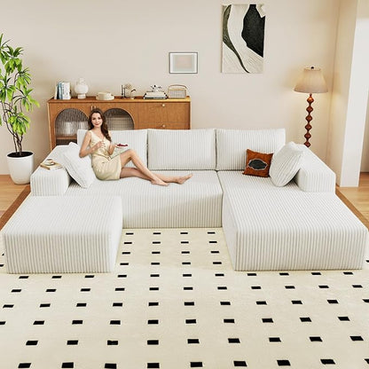 96" U-Shape Cloud Couch, Modern Modular Sectional L-Shape Sofa with Ottoman, Corduroy Upholstered Couches Deep Seat Sleeper Chaise Longue for Living Room, No Assembly Required(White, Right Facing)
