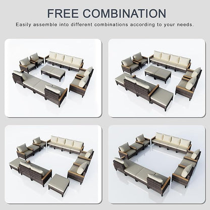 14 Pieces Patio Furniture Set, Wicker Rattan Outdoor Conversation Sets with Footstool, Modular Sectional Seating Set 2 Three Seater Sofa & 4 Single Armchairs & 4 Ottomans for Home (Beige Cushions)