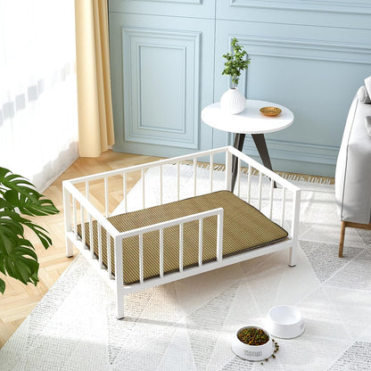 Dog Bed with Rails - Elevated Pet Metal Bed Frame with Solid Wood Board and Washable Soft Mat for Medium Dog Indoor or Outdoor Use, 25.2" x 37.8", White