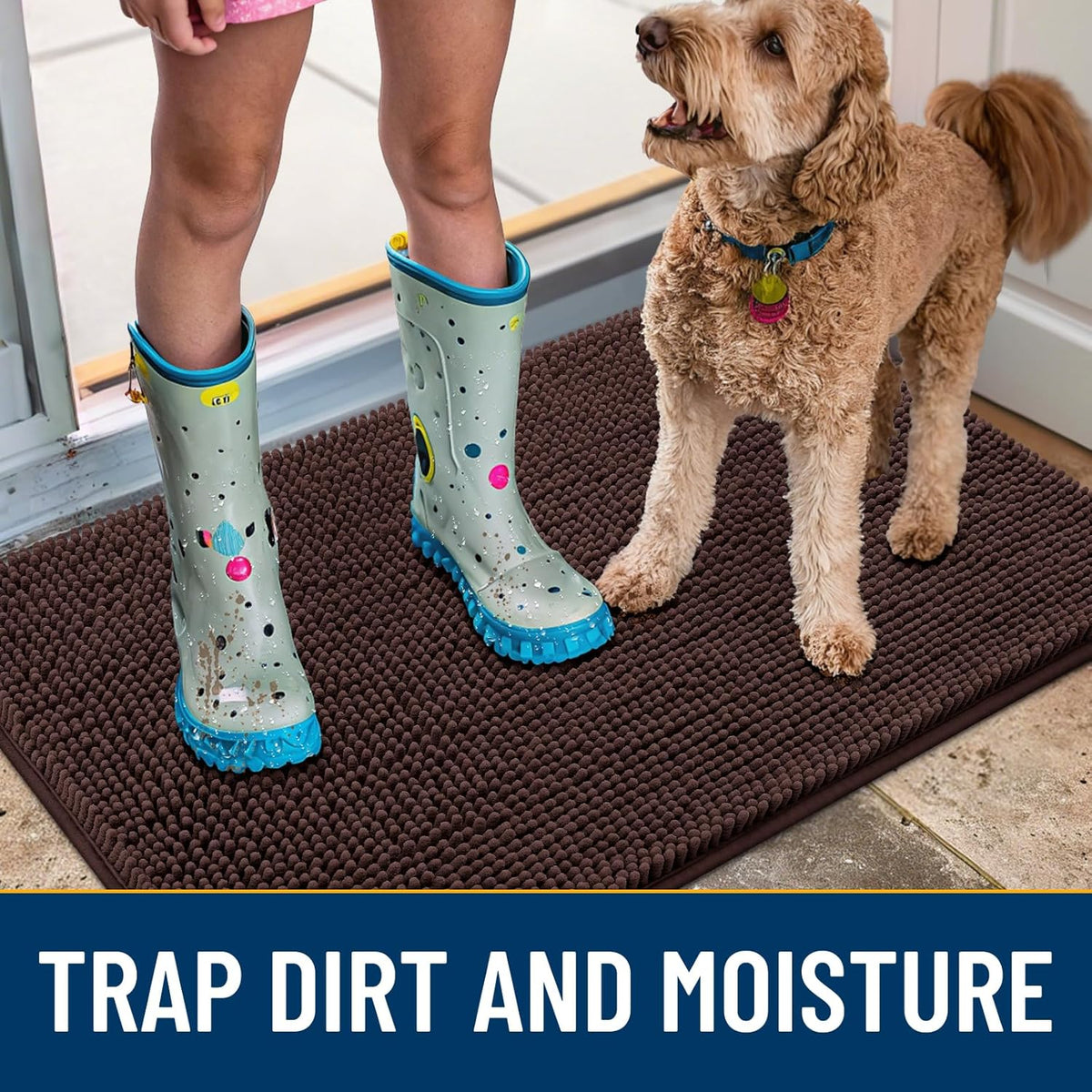 Smiry Dog Door Mat for Muddy Paws 30x20, Absorbs Moisture and Dirt Doormat, Non-Slip Washable Quick Dry Chenille Front Door Mat Indoor Entrance, Entryway Carpet for Inside Floor, Brown