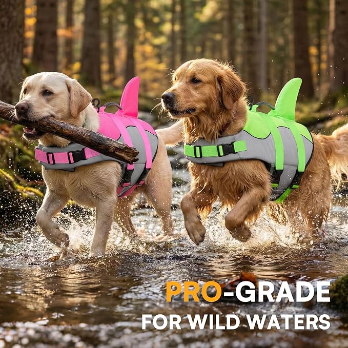 Dog Life Jacket Ripstop Shark Dog Safety Vest Adjustable Preserver with High Buoyancy and Durable Rescue Handle for Small,Medium,Large Dogs, Pink Shark XX-Large