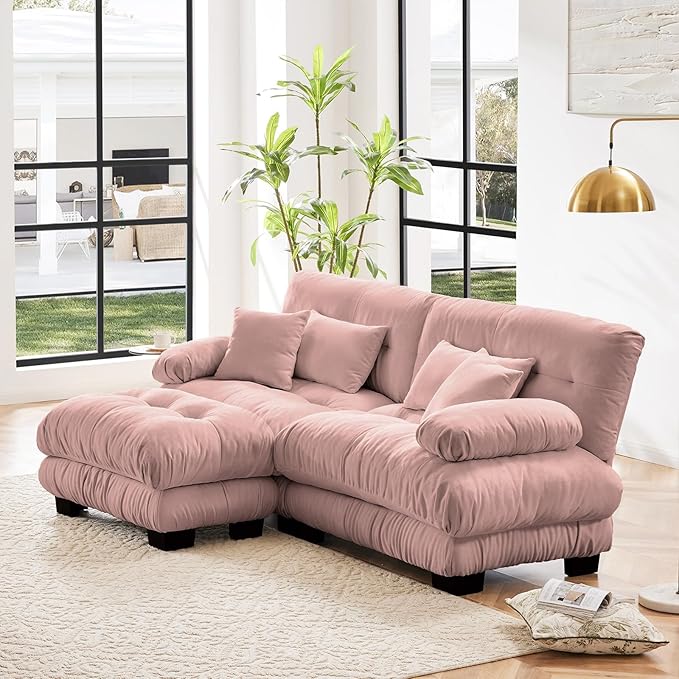 94.4" Loveseat Sofa, 2 Seater Modular Sectional Sofa, Pink Large L Shaped Sectional Fluffy Couch, Chenille Cloud Couch with Ottoman, Deep Seat Sofas for Living Room