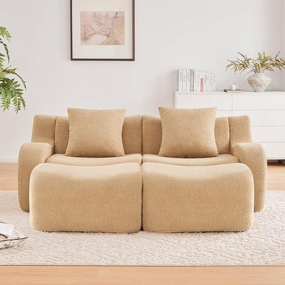 Camel Modular Cloud Couch Loveseat with 2 Ottomans, Modern Teddy Fabric Boneless Sectional Sofa in a Box for Living Room, Deep Seat Floor Couch, No Assembly Required, Sofas para Sala