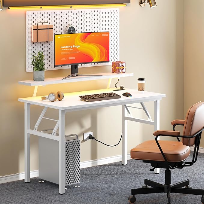 DlandHome Computer Desk 39’’ with LED Lights & Power Outlets,Folding Desk with Monitor Stand, Writing Desk Home Office Desk, Fully Assembled,White