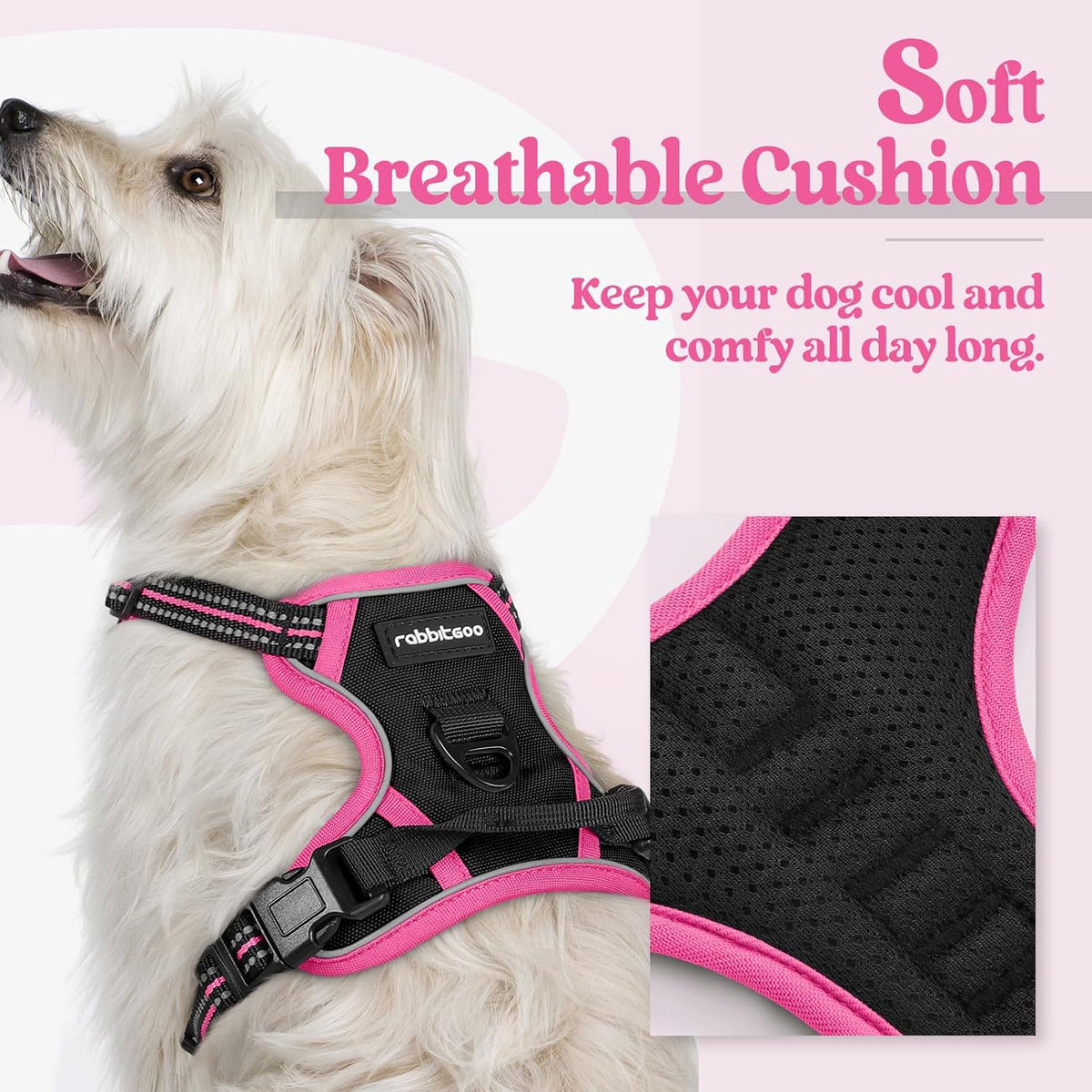 rabbitgoo Dog Harness No Pull with 2 Leash Clips, Adjustable Soft Padded, Reflective Oxford No Choke Pet Vest with Easy Control Handle for Large Dogs, Black & Hot Pink, XS