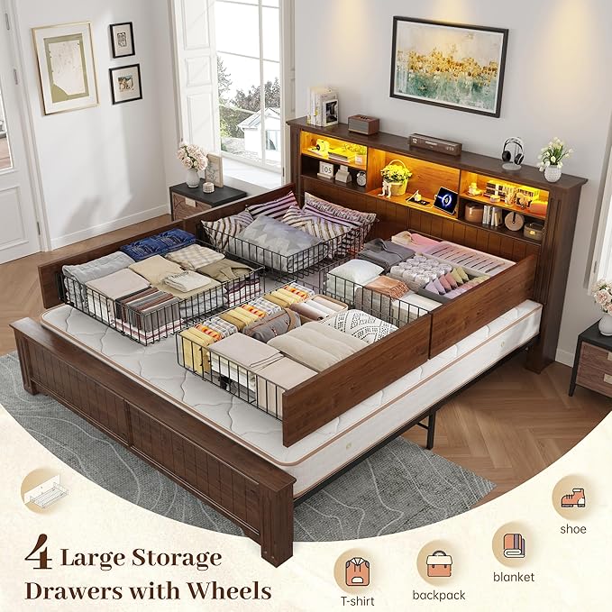 EnHomee King Size Bed Frame with 4 Storage Drawers, King Bed Frame and Headboard with LED Lights & Charging Ports,No Box Spring Needed,NO Noise,Wooden,Brown