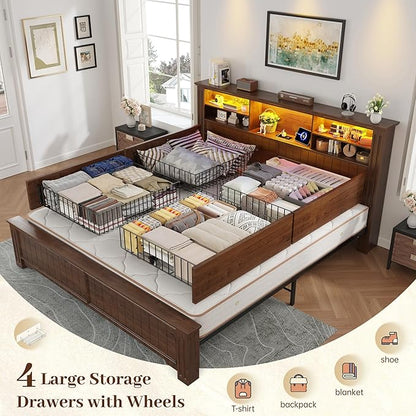 EnHomee King Size Bed Frame with 4 Storage Drawers, King Bed Frame and Headboard with LED Lights & Charging Ports,No Box Spring Needed,NO Noise,Wooden,Brown