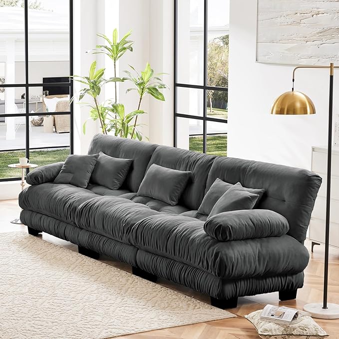 133.8" Oversized Couch, 3 Seater Modular Sectional Sofa, Grey Large Sectional Fluffy Couch Set, Chenille Cloud Couch with 5 Pillows, Deep Seat Sofas for Living Room
