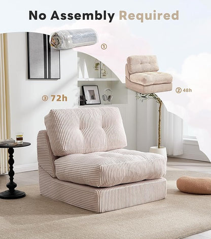 Tbfit Folding Sofa Bed, Convertible Sleeper Chair with Large Pillow, Corduroy Folding Couch Bed, Portable & Foldable Mattress Boneless Floor Sofa for Living Room, Bedroom, Office, Khaki, Single