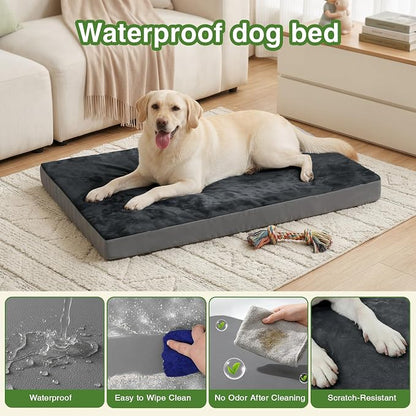Waterproof XL Dog Bed Outdoor Orthopedic Washable Extra Large Crate Pad 42" | XLarge Foam Pet Bed, Durable Removable Cover, Reversible Faux Leather & Flannel, Anti-Sli Kennel Pad 41"x27" Dark Gray