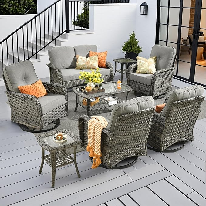 8-Piece Wicker Patio Furniture Set, All-Weather Rattan Conversation Bistro Loveseat Chair and Patio Rockers Set for Backyard, Balcony and Deck with Soft Cushions and Metal Table(Dark Gray)