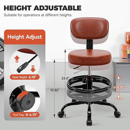 Shop Stool with Wheels for Garage, Mechanics Rolling Chair with Backrest, Adjustable Height Heavy Duty Garage Stool with Footrest and Storage Tray, Swivel Task Chair for Workshop Kitchen Salon