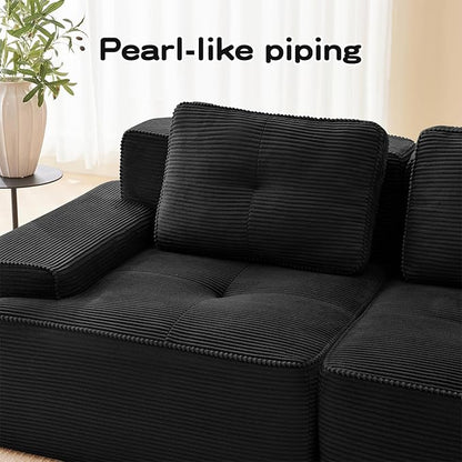 80" Modern Corduroy Boneless Love Seat Couches with 2 Ottomans, 2 Seater Large Sectional Couches for Living Room, Black Cloud Modular Sectional Sofa, Memory Foam, Extra Deep Loveseat, No Assembly