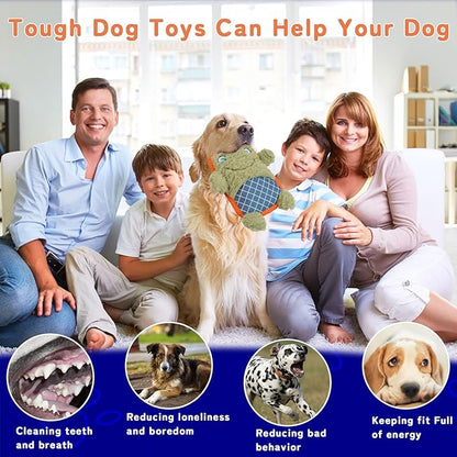 Crinkle Dog Toys Squeaky Plush No Stuffing Cute Puppy Stuffless Tough Rop Pull Toy, Fun Dog Stuffed Animals Durable Chew Set for Small Medium Large Pup (Large, Green Frog)