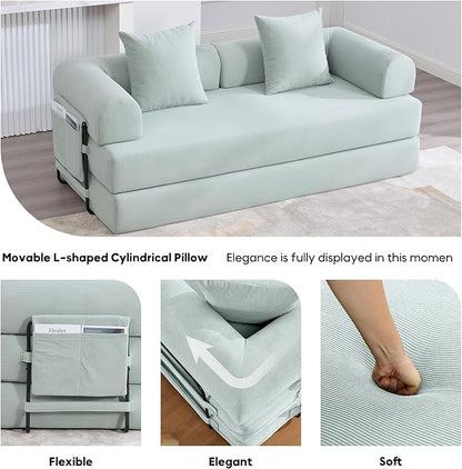 Convertible Sleeper Sofa Bed, Folding Floor Sofa Bed with Fixed-Shape Frame, Corduroy Floor Sleeper Sofa with Storage Pocket, Futon Boneless Sofa Couch for Living Room, Mint Blue