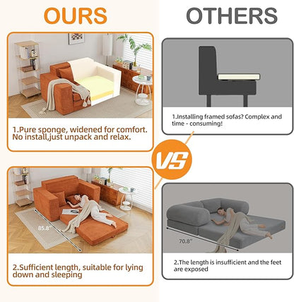 HOMREST 63" Convertible Memory Foam 3-seat Sofa, Pull Out Sleeper Sofa Bed, 2 in 1 Folding Couch Bed, Fold Out Floor Couch Corduroy Fabric with 2 Pillows for Living Room Bedroom Lounge (Brown)